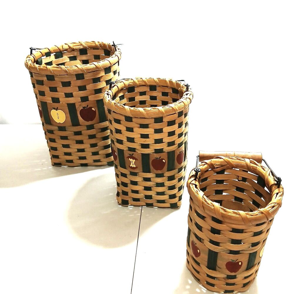 Set of 3 Hand Woven Rattan Wicker Apple Themed Baskets with Wood & Metal Handles